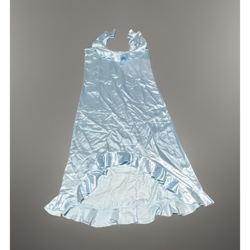 Fancy Classy Light Blue Satin Sleeveless Nightgown Ruffle Neck Polyester Size M